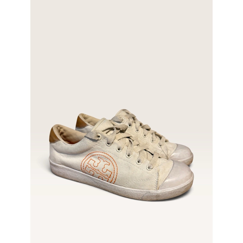 Tory Burch T-Logo Sneakers White Canvas Orange Logo Women's Size 7 Low Top